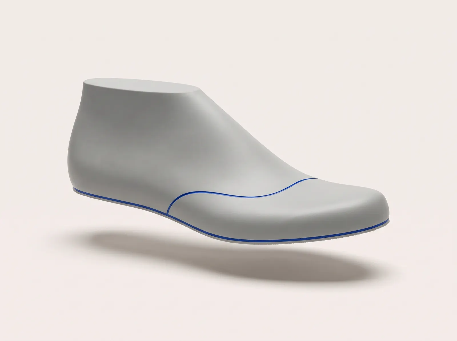 A shoe last with its bottom edge and curved centre line drawn in blue.