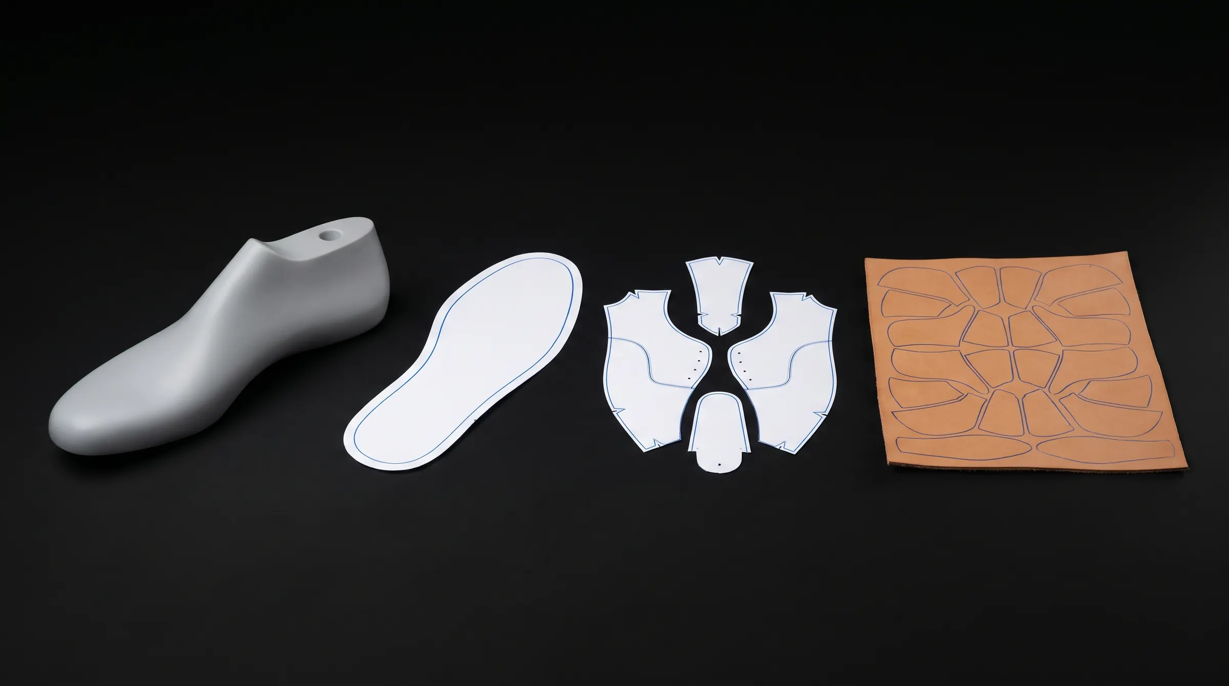 From the last to the cutter: a shoe last, its flattened base pattern, upper pattern pieces and a nested leather sheet.