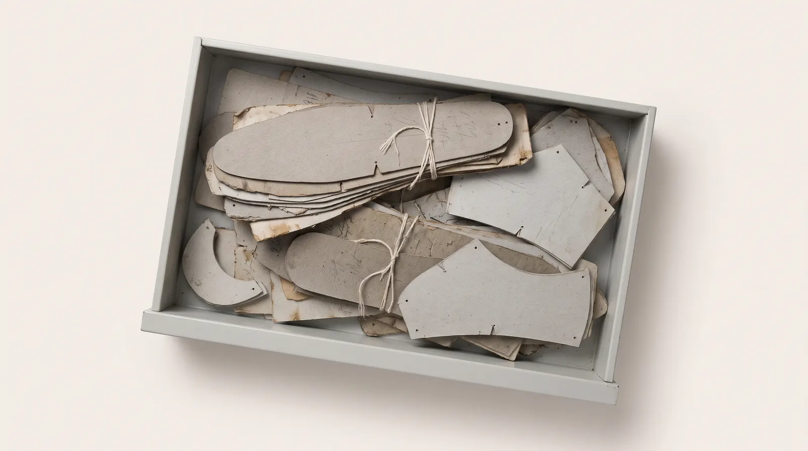 A drawer full of old cardboard shoe patterns.